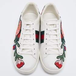 مملوكة مسبقًا Gucci White Floral Embroidered Leather Ace Low Top Sneakers Size 37