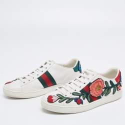 مملوكة مسبقًا Gucci White Floral Embroidered Leather Ace Low Top Sneakers Size 37