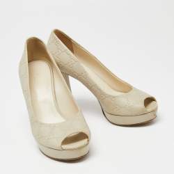Gucci Off White Guccissima Leather Peep Toe Platform Pumps Size 37.5