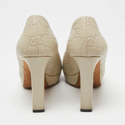 Gucci Off White Guccissima Leather Peep Toe Platform Pumps Size 37.5