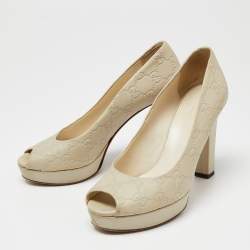 Gucci Off White Guccissima Leather Peep Toe Platform Pumps Size 37.5