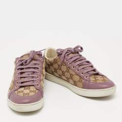 مملوكة مسبقًا Gucci Purple/Beige Leather And Guccissima Canvas Low Top Sneakers Size 38.5