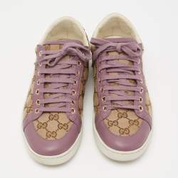 مملوكة مسبقًا Gucci Purple/Beige Leather And Guccissima Canvas Low Top Sneakers Size 38.5