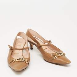 Gucci Brown Leather Interlocking G Horsebit Zumi Slingback Pumps Size 36.5