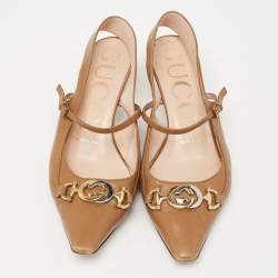 Gucci Brown Leather Interlocking G Horsebit Zumi Slingback Pumps Size 36.5
