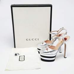 Pre Owned Gucci Silver Leather Angel T-strap Platform Sandals Size 38