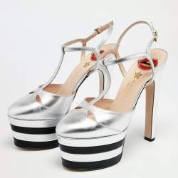 Pre Owned Gucci Silver Leather Angel T-strap Platform Sandals Size 38