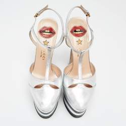 Pre Owned Gucci Silver Leather Angel T-strap Platform Sandals Size 38