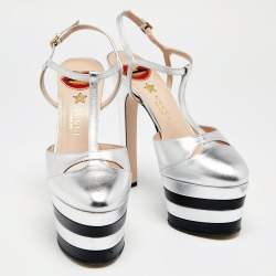 Pre Owned Gucci Silver Leather Angel T-strap Platform Sandals Size 38