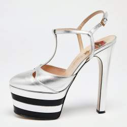 Pre Owned Gucci Silver Leather Angel T-strap Platform Sandals Size 38