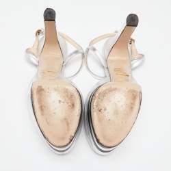 Pre Owned Gucci Silver Leather Angel T-strap Platform Sandals Size 38