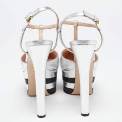 Pre Owned Gucci Silver Leather Angel T-strap Platform Sandals Size 38