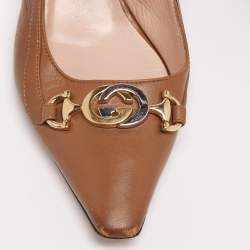 Pre Owned Gucci Brown Leather Interlocking G Horsebit Zumi Slingback Sandals Size 38