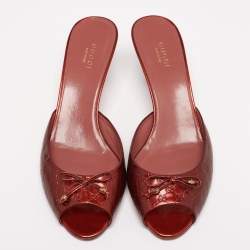 مملوكة مسبقًا Gucci Rust Guccissima Patent Leather Bow Peep-Toe Slide Sandals Size 38.5