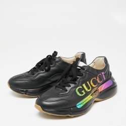 Pre Owned Gucci Black Leather Rhyton Logo Low-Top Sneakers Size 39