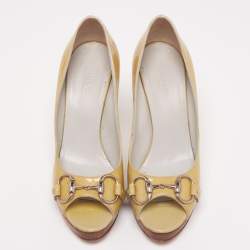 Pre Owned Gucci Yellow Patent Leather Horsebit Peep Toe Pumps Size 37.5
