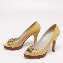 Pre Owned Gucci Yellow Patent Leather Horsebit Peep Toe Pumps Size 37.5