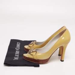 Pre Owned Gucci Yellow Patent Leather Horsebit Peep Toe Pumps Size 37.5
