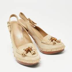 Pre Owned Gucci Beige Suede Bamboo Tassel Loafer Slingback Clogs Size 37.5