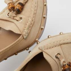 Pre Owned Gucci Beige Suede Bamboo Tassel Loafer Slingback Clogs Size 37.5