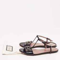 Gucci Black Patent Leather Horsebit T-Strap Flat Sandals Size 37.5
