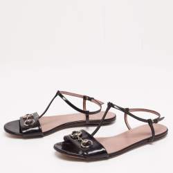 Gucci Black Patent Leather Horsebit T-Strap Flat Sandals Size 37.5