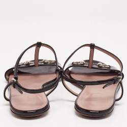 Gucci Black Patent Leather Horsebit T-Strap Flat Sandals Size 37.5