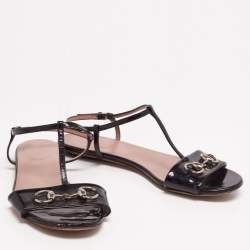 Gucci Black Patent Leather Horsebit T-Strap Flat Sandals Size 37.5