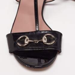 Gucci Black Patent Leather Horsebit T-Strap Flat Sandals Size 37.5