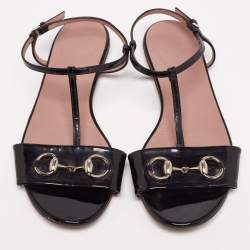 Gucci Black Patent Leather Horsebit T-Strap Flat Sandals Size 37.5