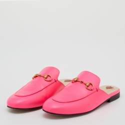 Pre Owned حذاء فلات مولز غوتشي برنستاون جلد وردي نيون شعار هورسبيت مقاس 36.5