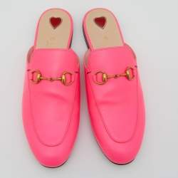 Pre Owned حذاء فلات مولز غوتشي برنستاون جلد وردي نيون شعار هورسبيت مقاس 36.5