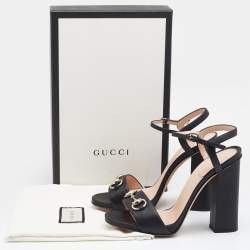 Pre Owned Gucci Black Leather Horsebit Ankle Strap Block Heel Sandals Size 38.5