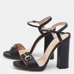 Pre Owned Gucci Black Leather Horsebit Ankle Strap Block Heel Sandals Size 38.5