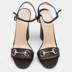 Pre Owned Gucci Black Leather Horsebit Ankle Strap Block Heel Sandals Size 38.5