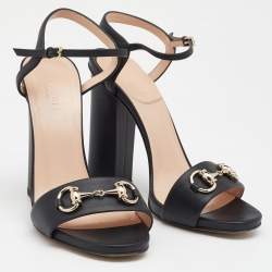 Pre Owned Gucci Black Leather Horsebit Ankle Strap Block Heel Sandals Size 38.5