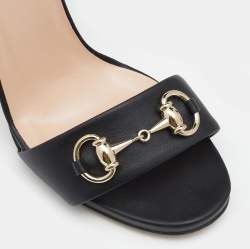 Pre Owned Gucci Black Leather Horsebit Ankle Strap Block Heel Sandals Size 38.5