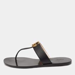 مملوكة مسبقًا Gucci Black Leather GG Thong Flat Sandals Size 38