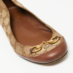 مملوكة مسبقًا حذاء باليرينا فلات غوتشي هورسبيت جلد وكانفاس جي جي بيج/بني مقاس 36
