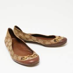 مملوكة مسبقًا حذاء باليرينا فلات غوتشي هورسبيت جلد وكانفاس جي جي بيج/بني مقاس 36