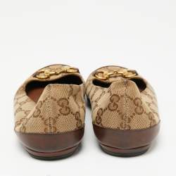 مملوكة مسبقًا حذاء باليرينا فلات غوتشي هورسبيت جلد وكانفاس جي جي بيج/بني مقاس 36