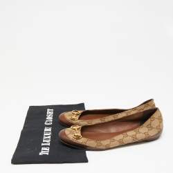 مملوكة مسبقًا حذاء باليرينا فلات غوتشي هورسبيت جلد وكانفاس جي جي بيج/بني مقاس 36