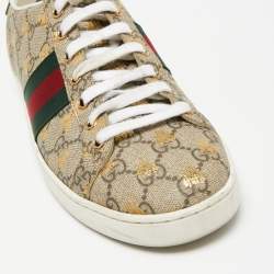 Pre Owned Gucci Beige GG Supreme Bee Print  Canvas Ace Low Top Sneakers Size 39.5