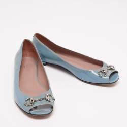 Gucci Grey Patent Leather Horsebit Peep Toe Ballet Flats Size 36.5