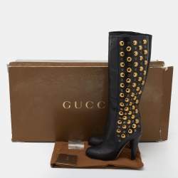 Pre Owned Gucci Black Leather Babouska Studded Mid Calf Length Boots Size 36