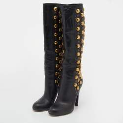 Pre Owned Gucci Black Leather Babouska Studded Mid Calf Length Boots Size 36