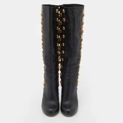 Pre Owned Gucci Black Leather Babouska Studded Mid Calf Length Boots Size 36