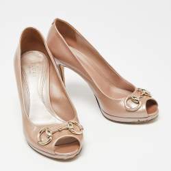 Pre Owned حذاء كعب عالي غوتشي نيو هوليوود هورسبيت جلد غوتشيسيما وردي لامع مقدمة مفتوحة مقاس 36