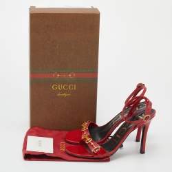 Pre Owned Gucci Red Leather Moorea Ankle Strap Sandals Size 37