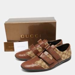 Gucci Brown/Beige Leather And GG Canvas Velcro Sneakers Size 45